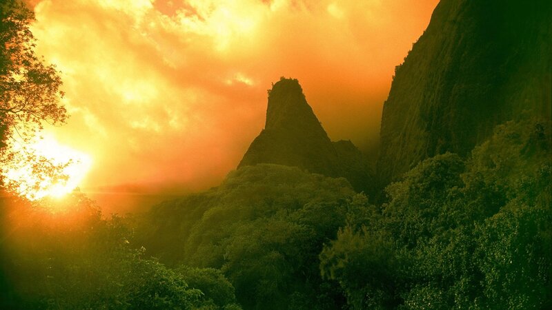 Mountain Peak at Sunset — Orange, Dramatic, Photograph, Sun, Clouds