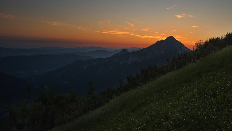 Mountain Peak at Sunset — Orange, Serene, Photograph, Mountains