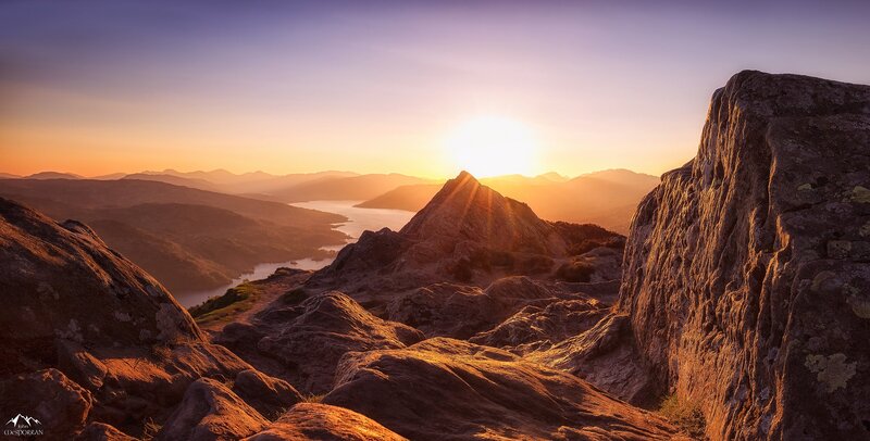 Mountain Peak at Sunset — Orange, Serene, Photograph, Sun, Lake