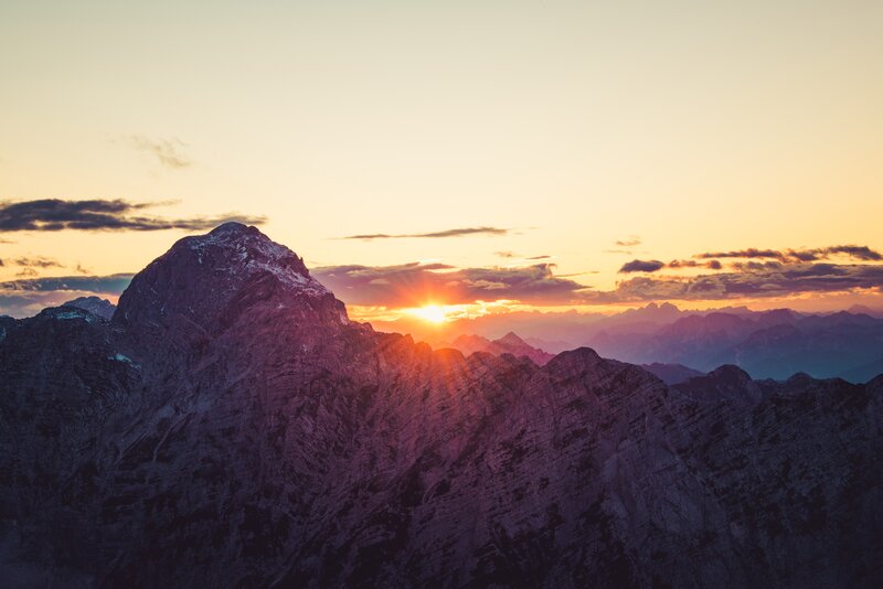 Mountain Peak at Sunset — Orange, Serene, Photograph, Sun