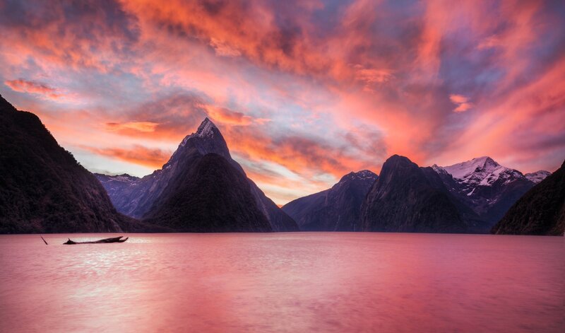 Mountain Peak at Sunset — Pink, Dramatic, Photograph, Lake