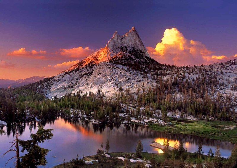 Mountain Peak at Sunset — Purple, Dramatic, Photograph, Lake, Forest