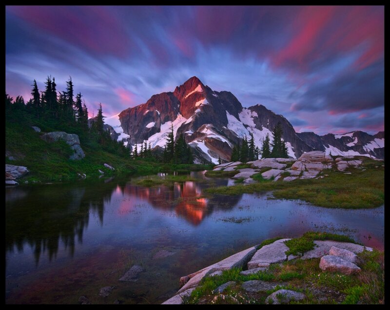 Mountain Peak at Sunset — Purple, Dramatic, Photograph, Lake, Trees