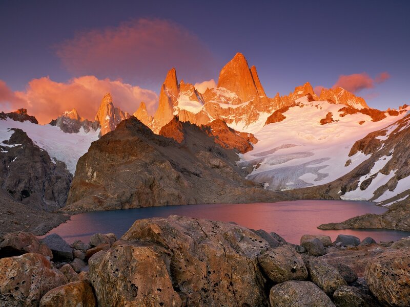 Mountain Peak at Sunset — Purple, Dramatic, Photograph, Snow, Lake, Clouds