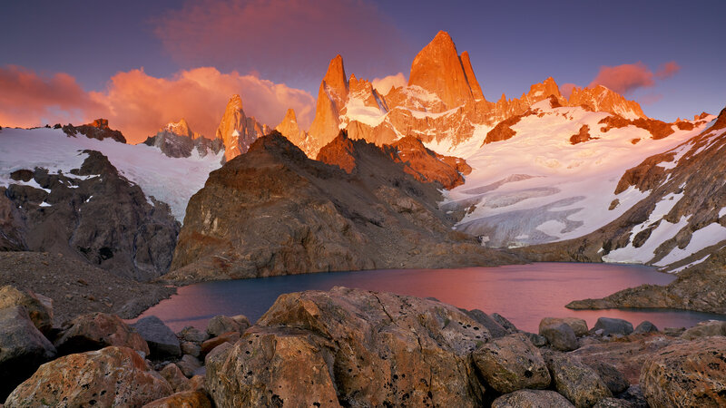 Mountain Peak at Sunset — Purple, Dramatic, Photograph, Snow
