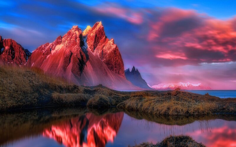 Mountain Peak at Sunset — Red, Dramatic, Photograph, Mountains