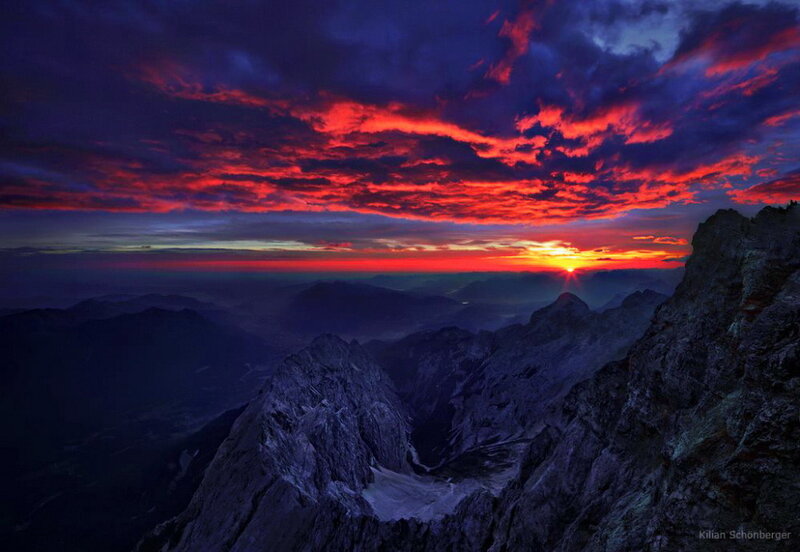 Mountain Peak at Sunset — Red, Dramatic, Photograph