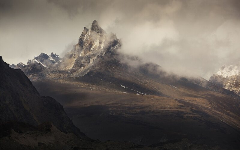 Mountain Peak in Clouds — Brown, Dramatic, Photograph, Rock