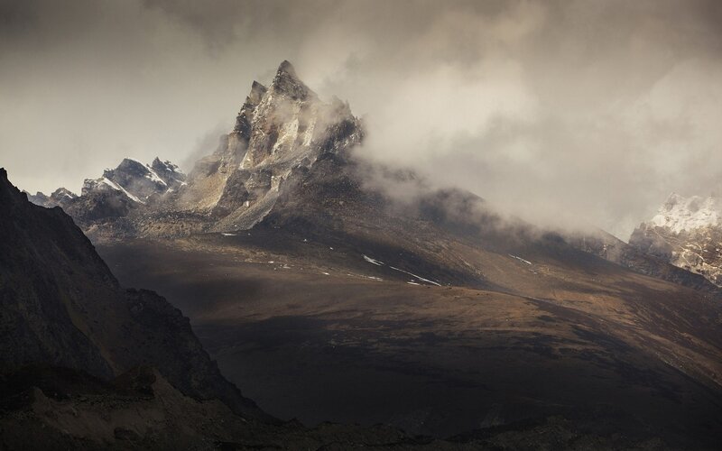 Mountain Peak in Clouds — Brown, Dramatic, Photograph, Snow, Rock, Gray, White