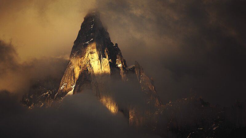 Mountain Peak in Clouds — Brown, Dramatic, Sunset