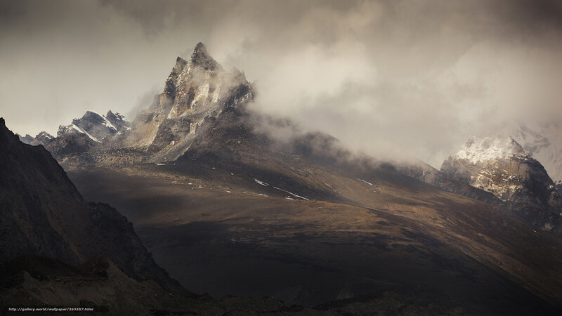 Mountain Peak in Clouds — Brown, Dramatic