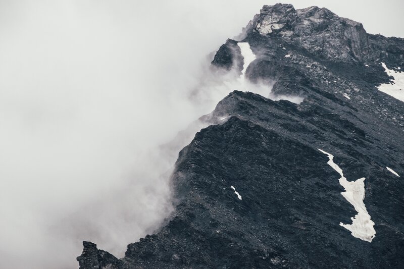 Mountain Peak in Clouds — Gray, Dramatic, Photograph, Snow