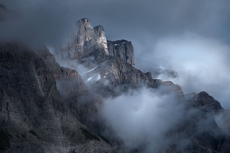 Mountain Peak in Clouds — Gray, Dramatic, Photograph