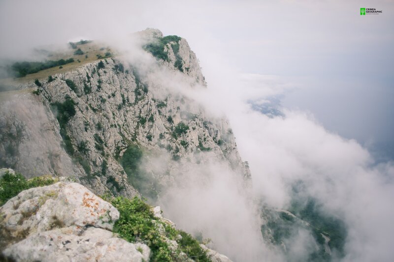 Mountain Peak in Clouds — Gray, Misty, Photograph