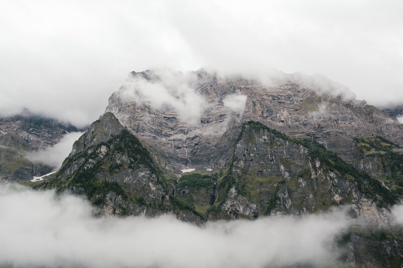 Mountain Peak in Clouds — Gray, Misty