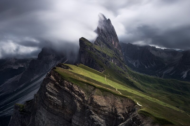 Mountain Peak in Clouds — Green, Dramatic, Photograph