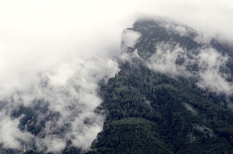 Mountain Peak in Clouds — Green, Misty