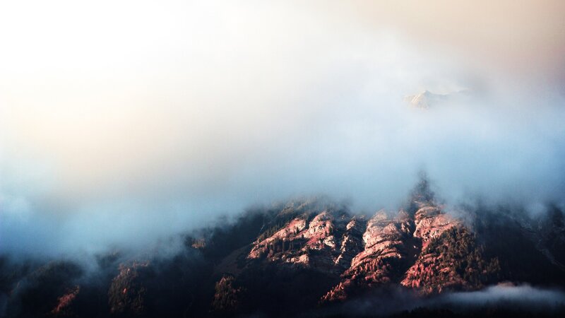 Mountain Peak in Clouds — White, Serene