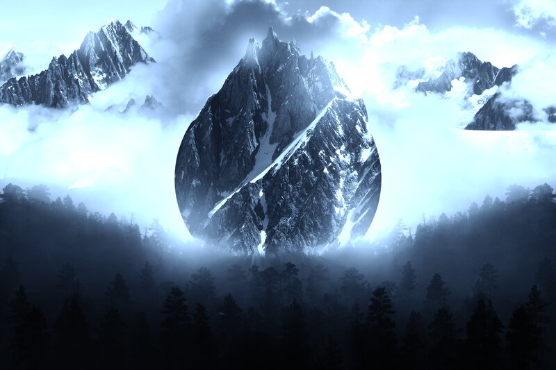 Mountain Peak in Fog — Blue, Dramatic
