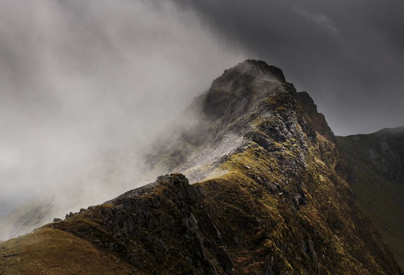 Mountain Peak in Fog — Gray, Dramatic, Photograph, Rock