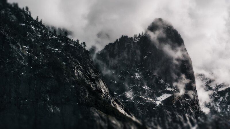 Mountain Peak in Fog — Gray, Dramatic, Photograph