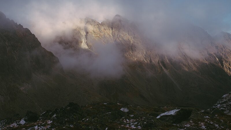 Mountain Peak in Fog — Gray, Dramatic