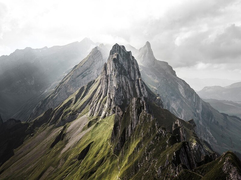 Mountain Peak in Fog — Green, Dramatic, Photograph