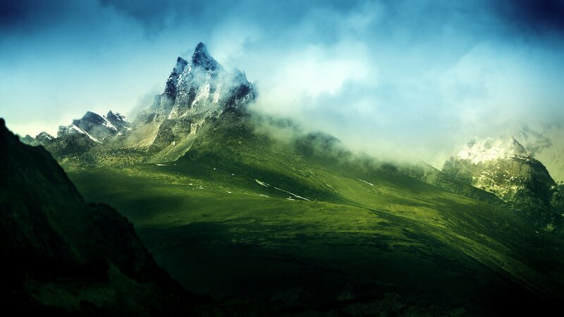 Mountain Peak in Fog — Green, Dramatic