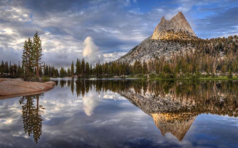 Mountain Peak Reflection — Blue, Serene, Morning, Photograph, Lake, Trees, Clouds