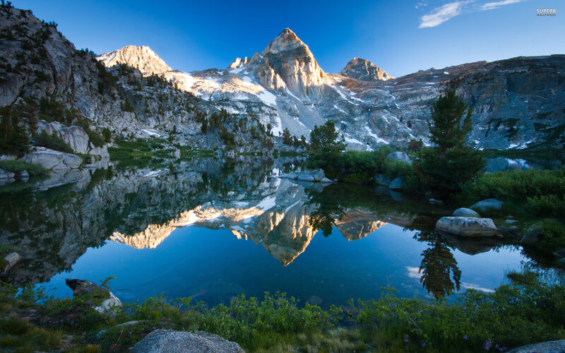 Mountain Peak Reflection — Blue, Serene, Morning
