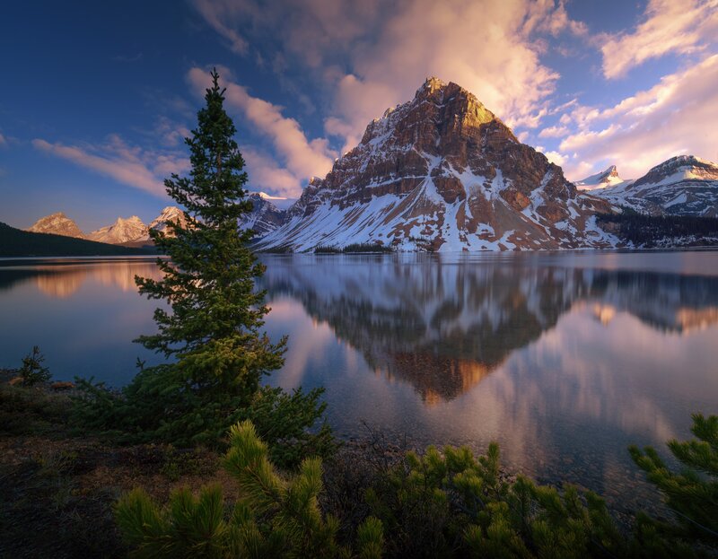 Mountain Peak Reflection — Blue, Serene, Sunrise, Photograph, Pine Tree