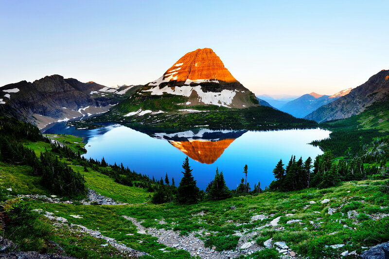 Mountain Peak Reflection — Blue, Serene, Sunrise, Photograph