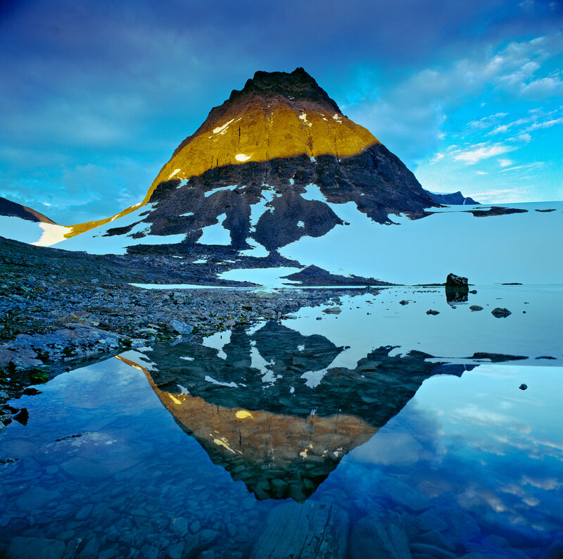 Mountain Peak Reflection — Blue, Serene, Sunset, Photograph, Snow