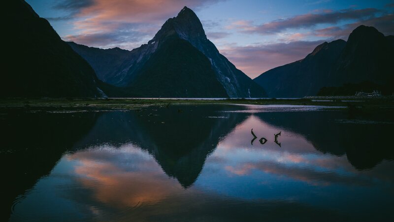 Mountain Peak Reflection — Blue, Serene, Sunset, Photograph