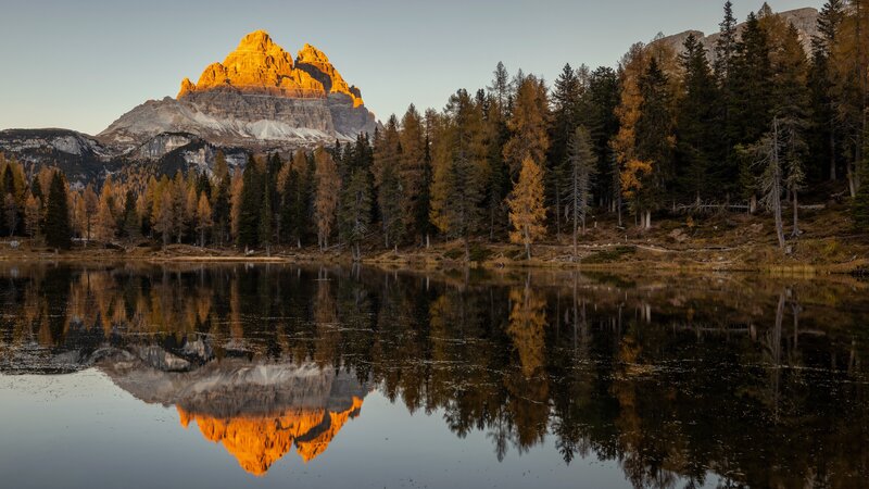 Mountain Peak Reflection — Orange, Serene, Sunset, Photograph