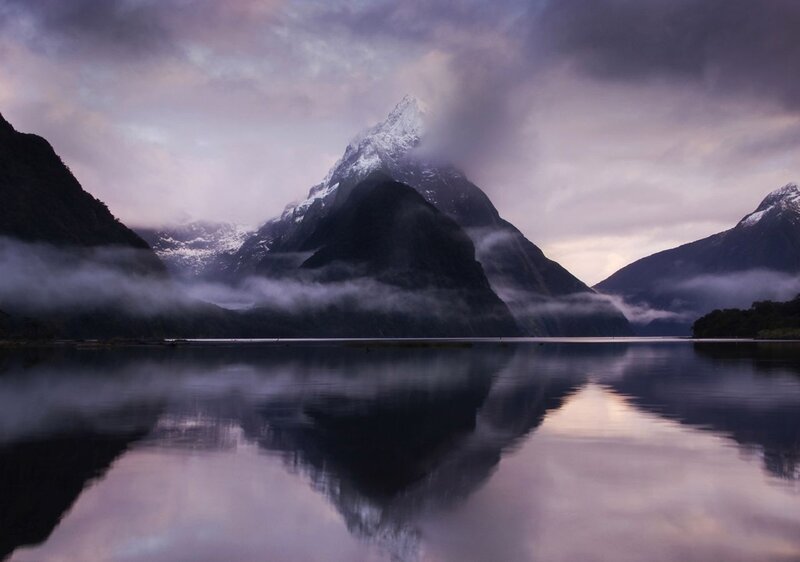 Mountain Peak Reflection — Purple, Serene, Morning