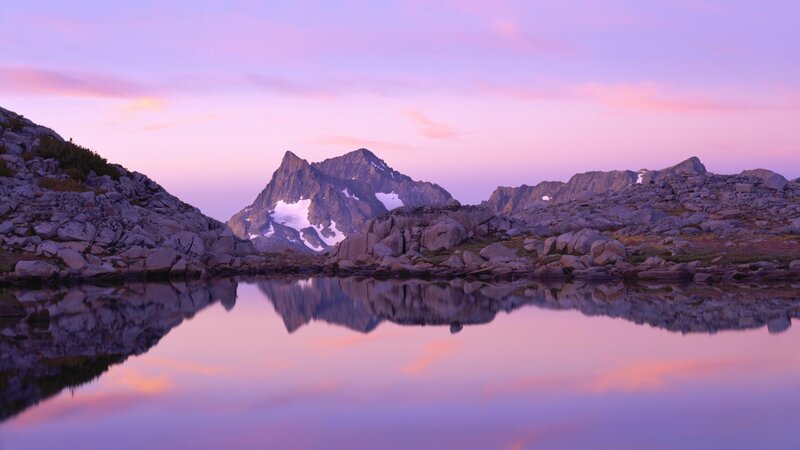 Mountain Peak Reflection — Purple, Serene, Sunset, Photograph, Lake, Rocks