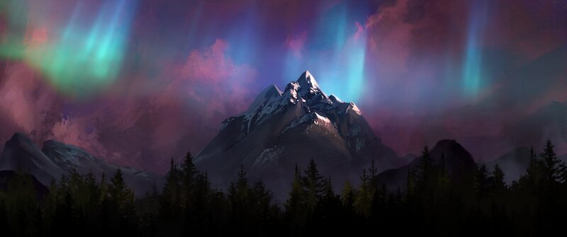 Mountain Peak under Aurora