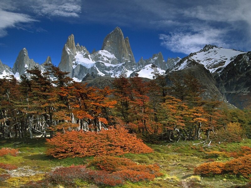 Mountain Peak with Autumn Trees — Blue, Dramatic, Photograph, Snow, Sky, Orange