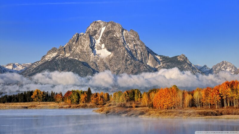 Mountain Peak with Autumn Trees — Blue, Serene, Photograph