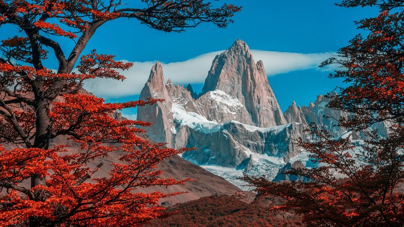 Mountain Peak with Autumn Trees — Red