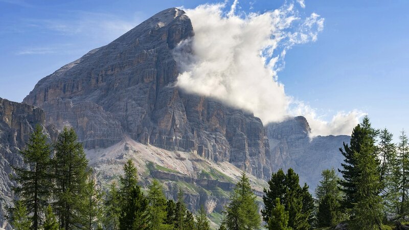 Mountain Peak with Clouds — Blue, Dramatic, Afternoon, Photograph, Trees