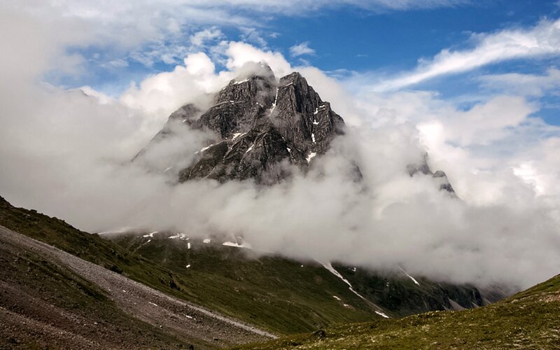 Mountain Peak with Clouds — Blue, Dramatic, Afternoon