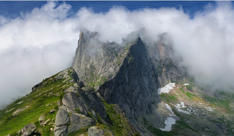 Mountain Peak with Clouds — Green, Dramatic