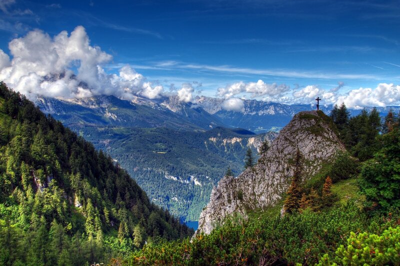Mountain Peak with Cross — Blue, Serene, Afternoon
