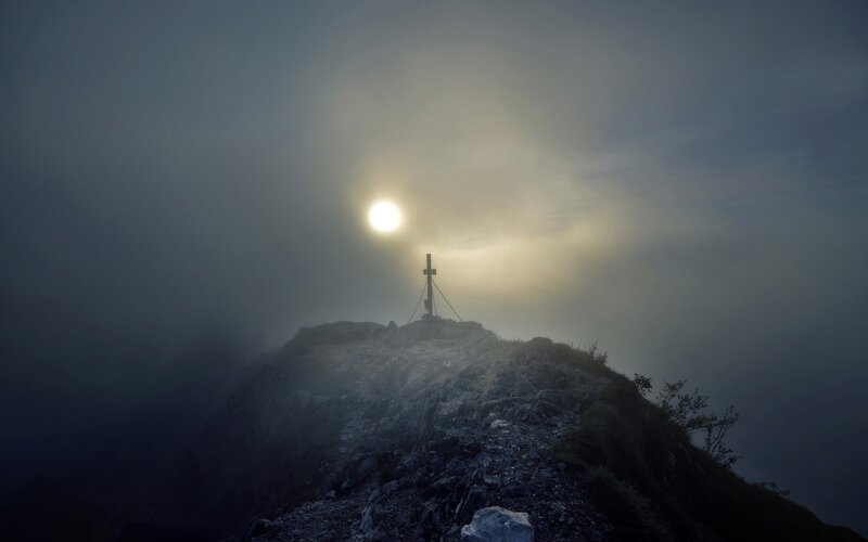Mountain Peak with Cross — Gray, Dramatic