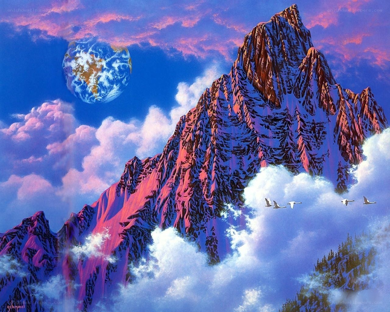 Mountain peak with Earth in sky
