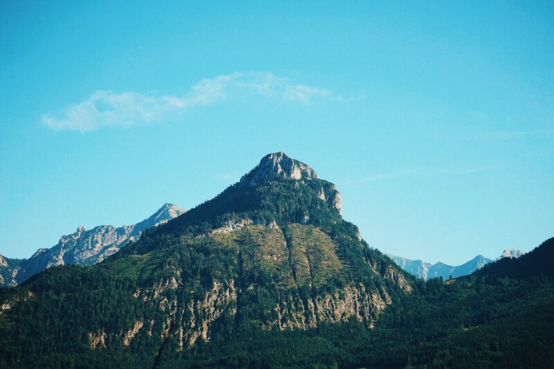 Mountain Peak with Forest — Blue, Serene, Afternoon, Photograph, Sky, Cloud