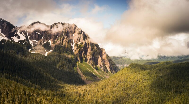 Mountain Peak with Forest — Green, Dramatic, Afternoon, Photograph, Clouds, Snow