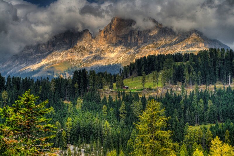 Mountain Peak with Forest — Green, Dramatic, Afternoon, Photograph, Clouds